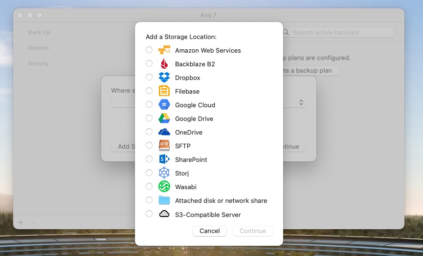 All the possible backup-targets in Arq Backup